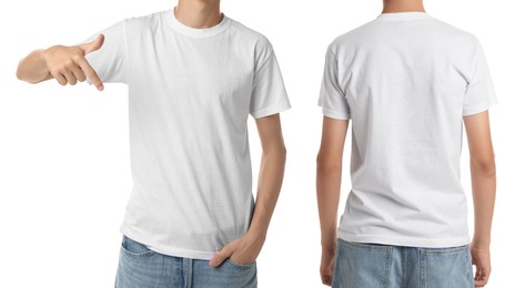 Image of Teenage boy wearing white t-shirt on white background, collage of closeup photos. Front and back views