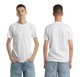 Image of Teenage boy wearing white t-shirt on white background, collage of photos. Front and back views