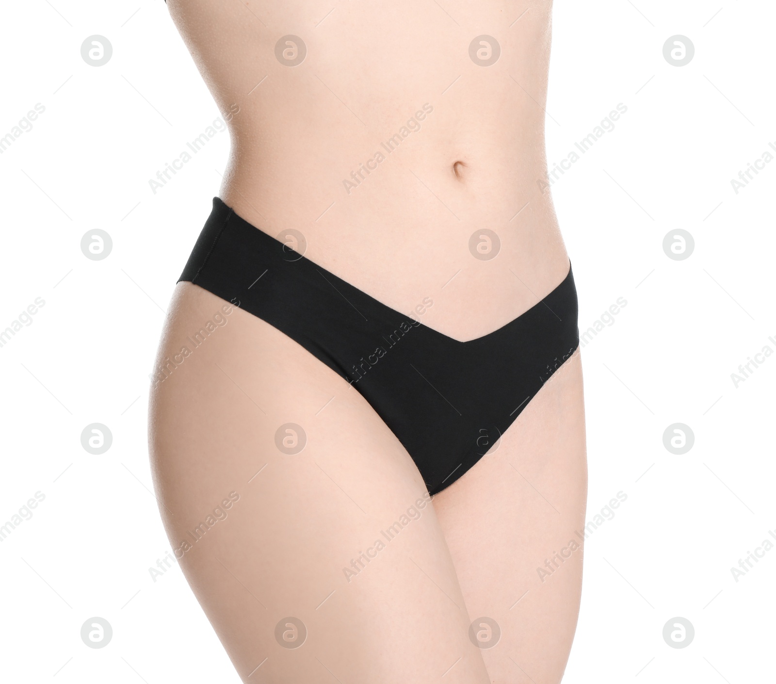 Photo of Woman with slim body posing on white background, closeup