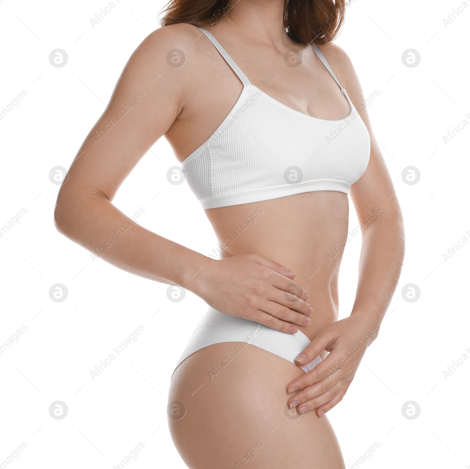 Photo of Woman with slim body posing on white background, closeup