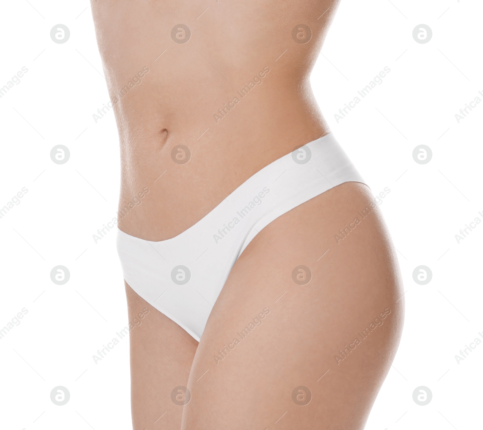 Photo of Woman with slim body posing on white background, closeup