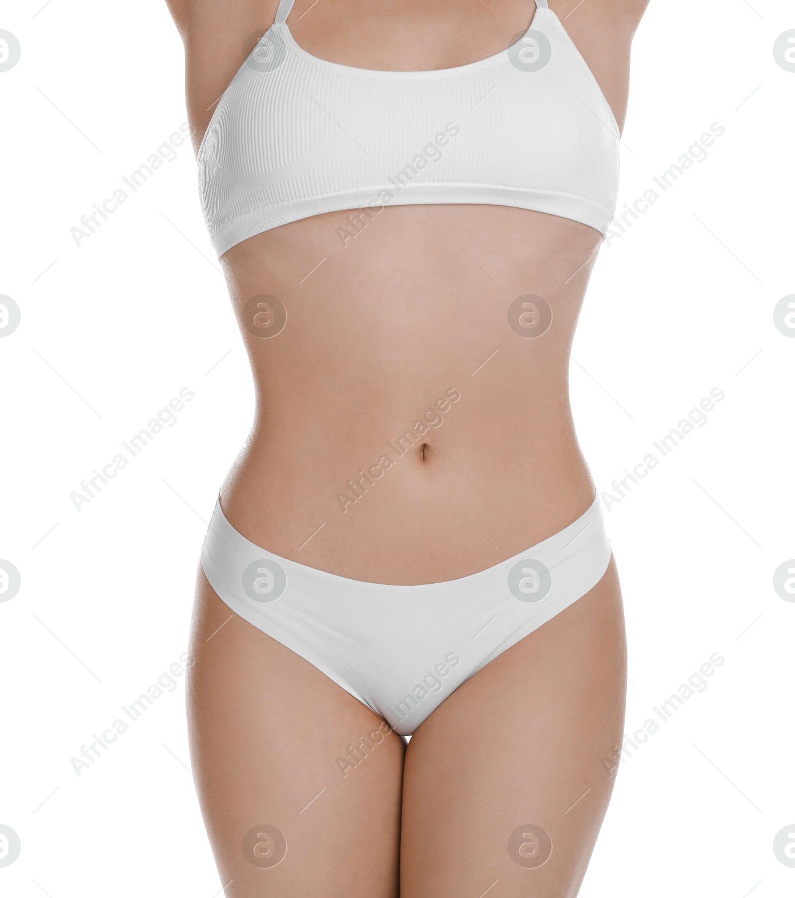 Photo of Woman with slim body posing on white background, closeup