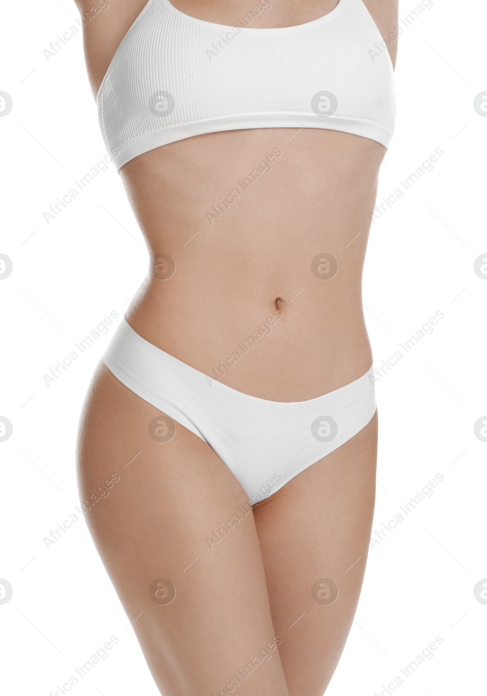 Photo of Woman with slim body posing on white background, closeup