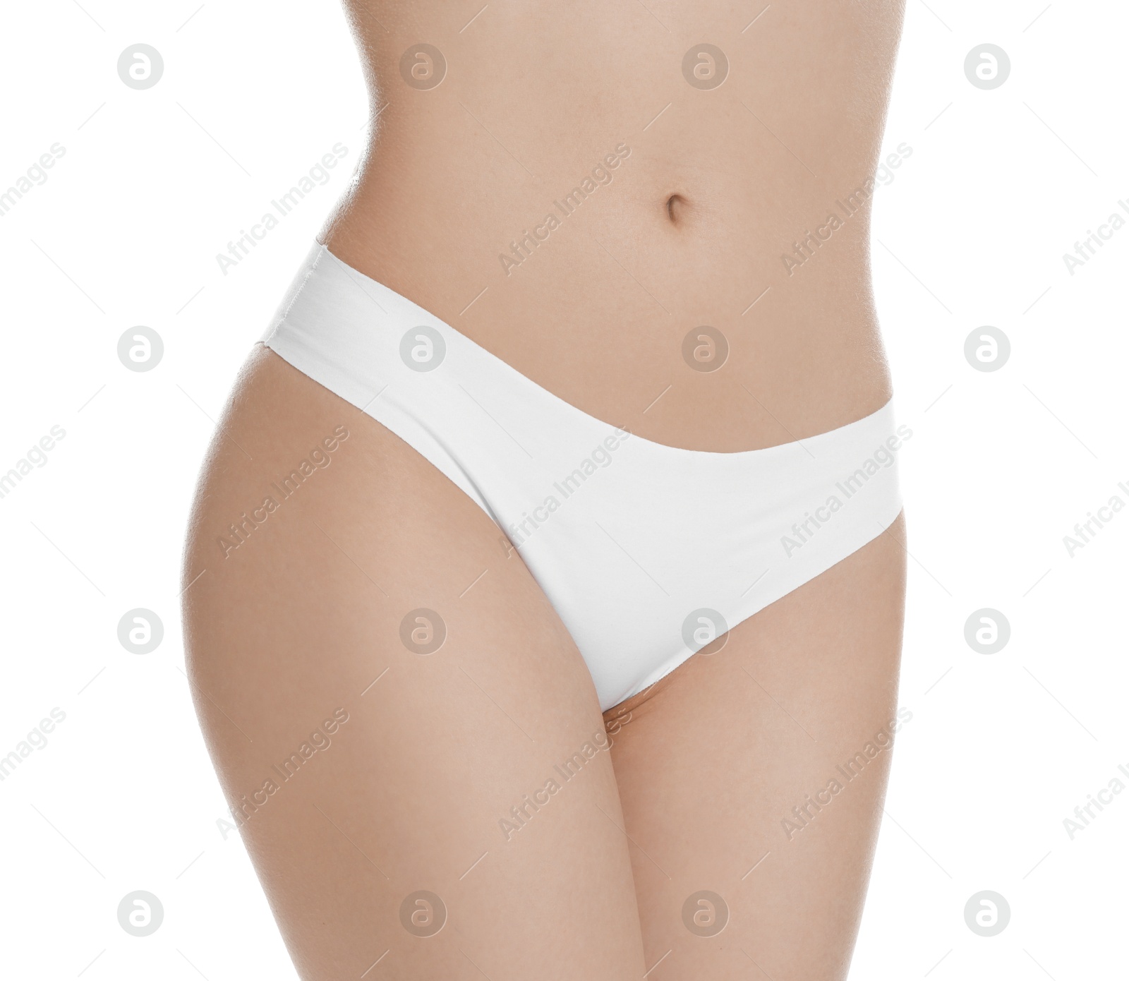 Photo of Woman with slim body posing on white background, closeup