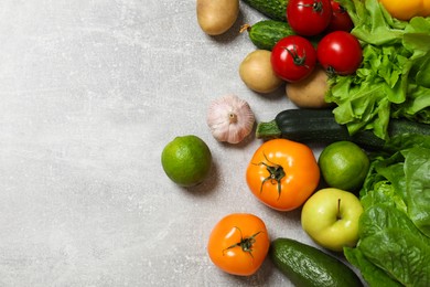 Healthy vegetarian food. Different vegetables, apple and lime on grey textured table, flat lay. Space for text