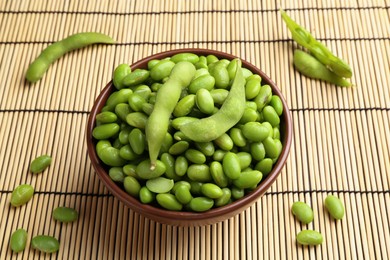 Photo of Raw green edamame soybeans and pods on wicker mat