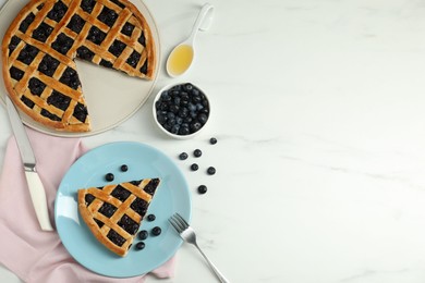 Photo of Tasty homemade pie with blueberries served on white marble table, flat lay. Space for text