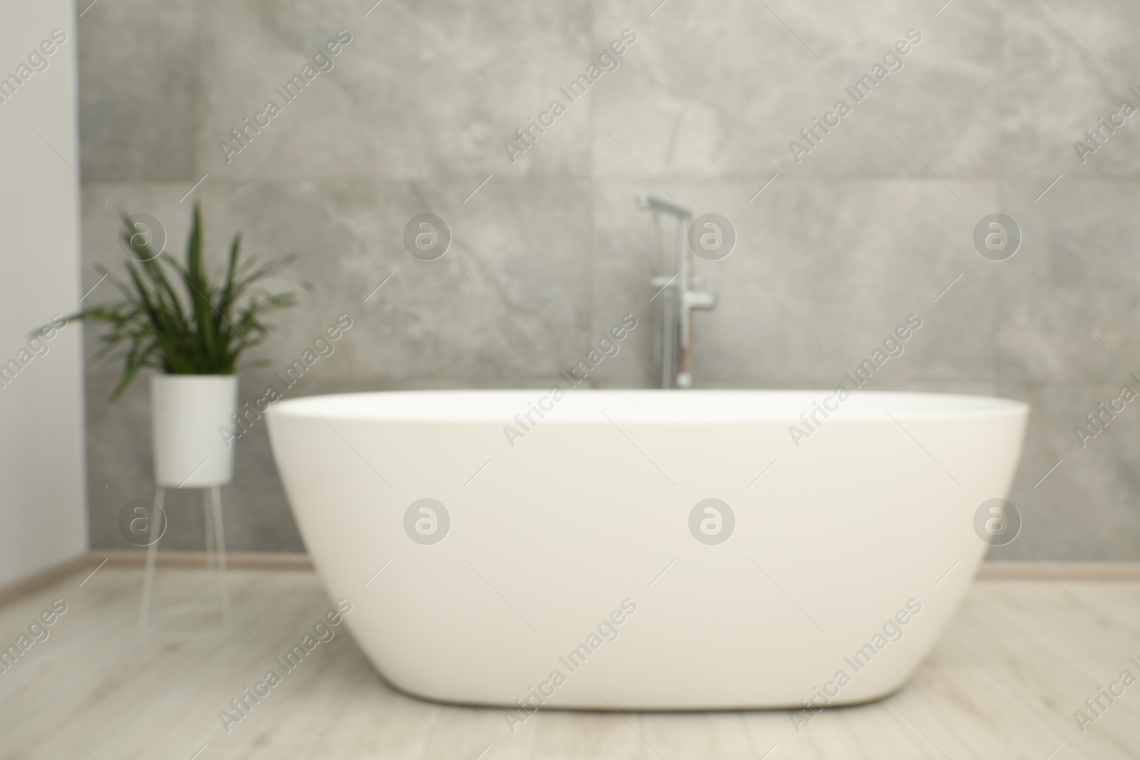 Photo of Blurred view of bath tub and houseplant in bathroom