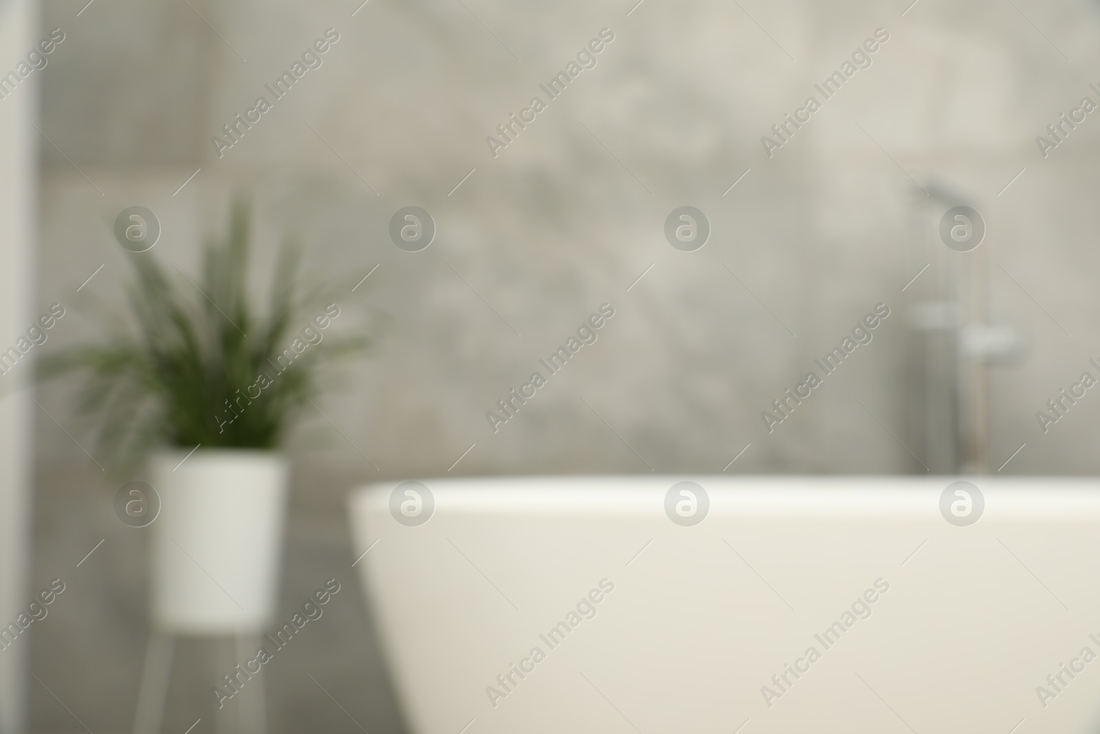 Photo of Blurred view of bath tub and houseplant in bathroom