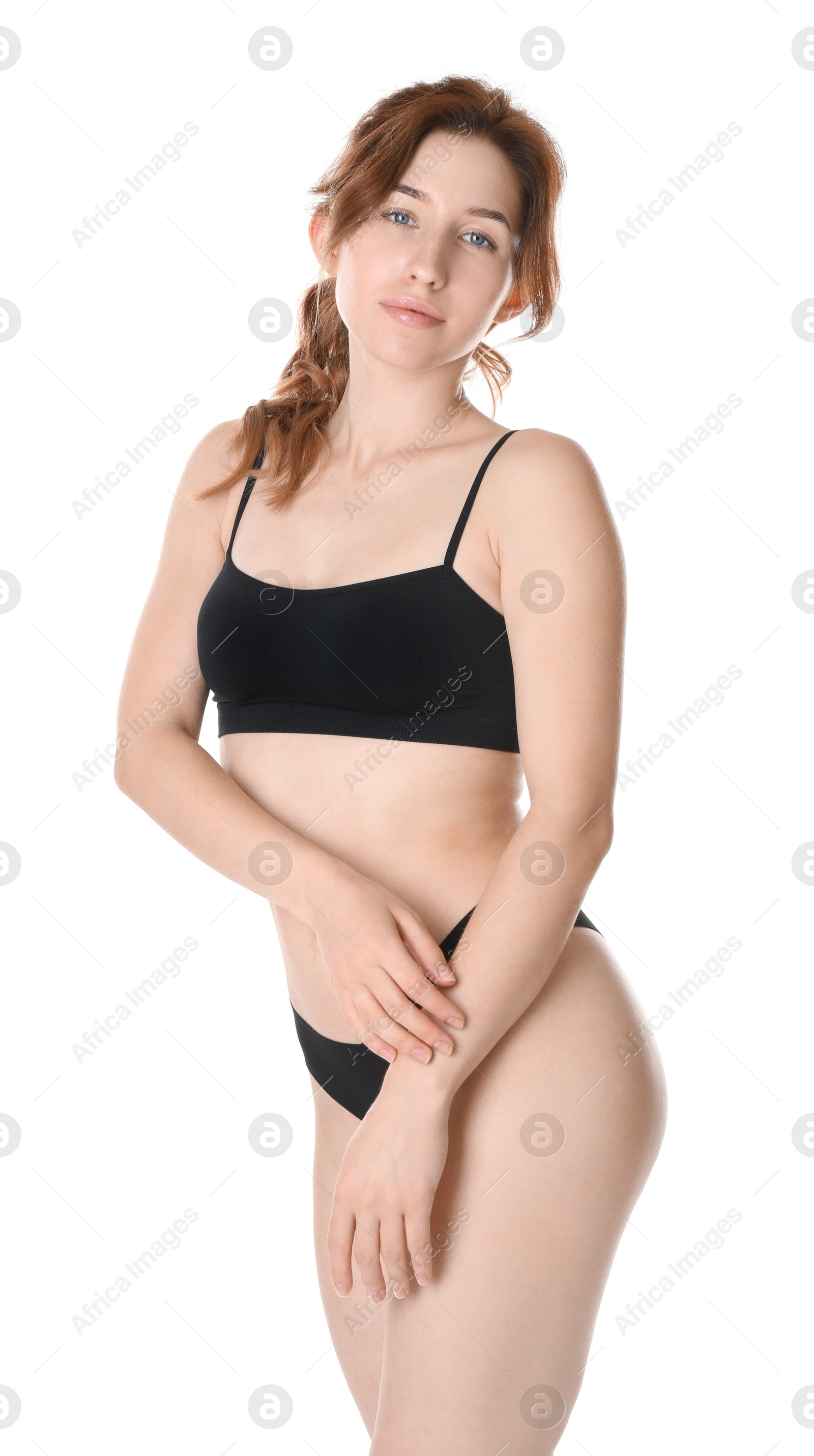 Photo of Woman with slim body posing on white background