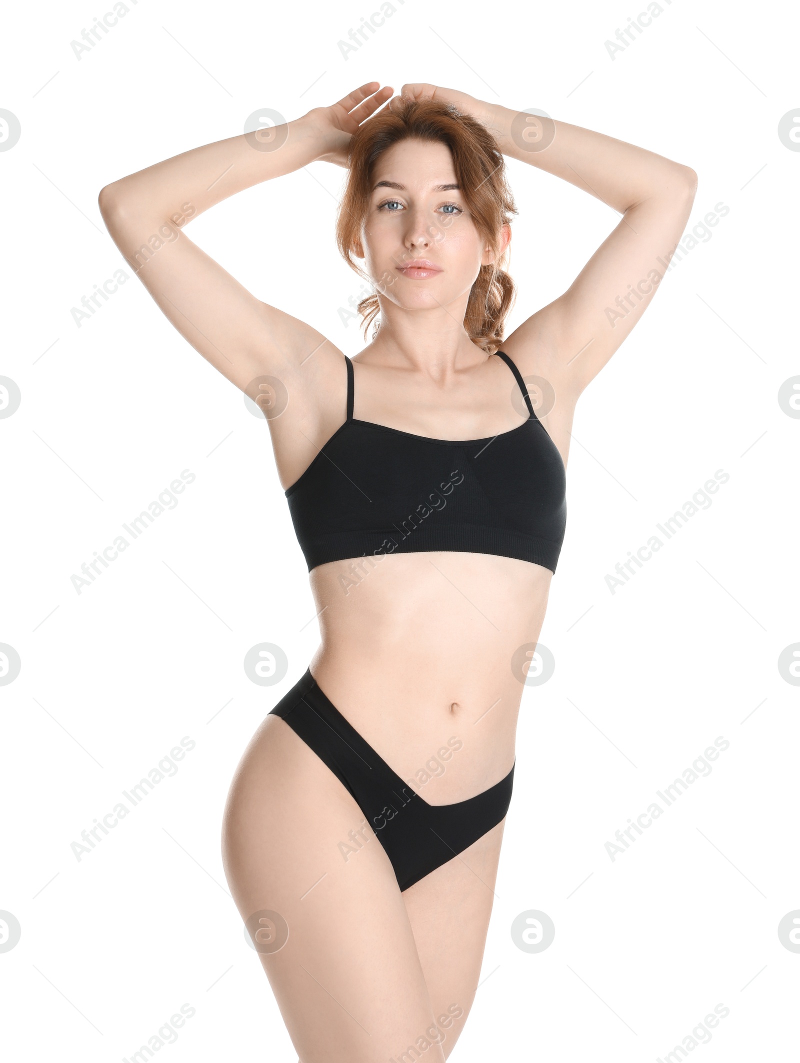 Photo of Woman with slim body posing on white background