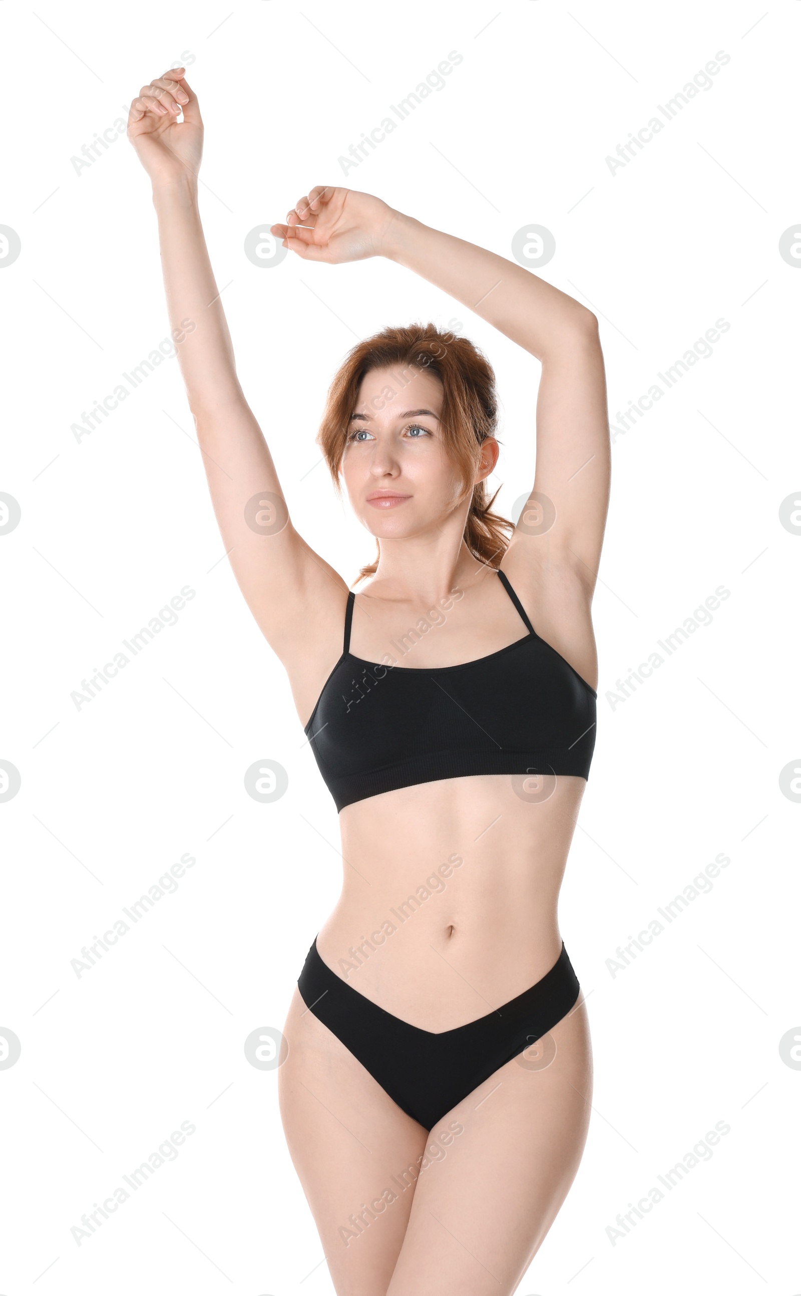 Photo of Woman with slim body posing on white background