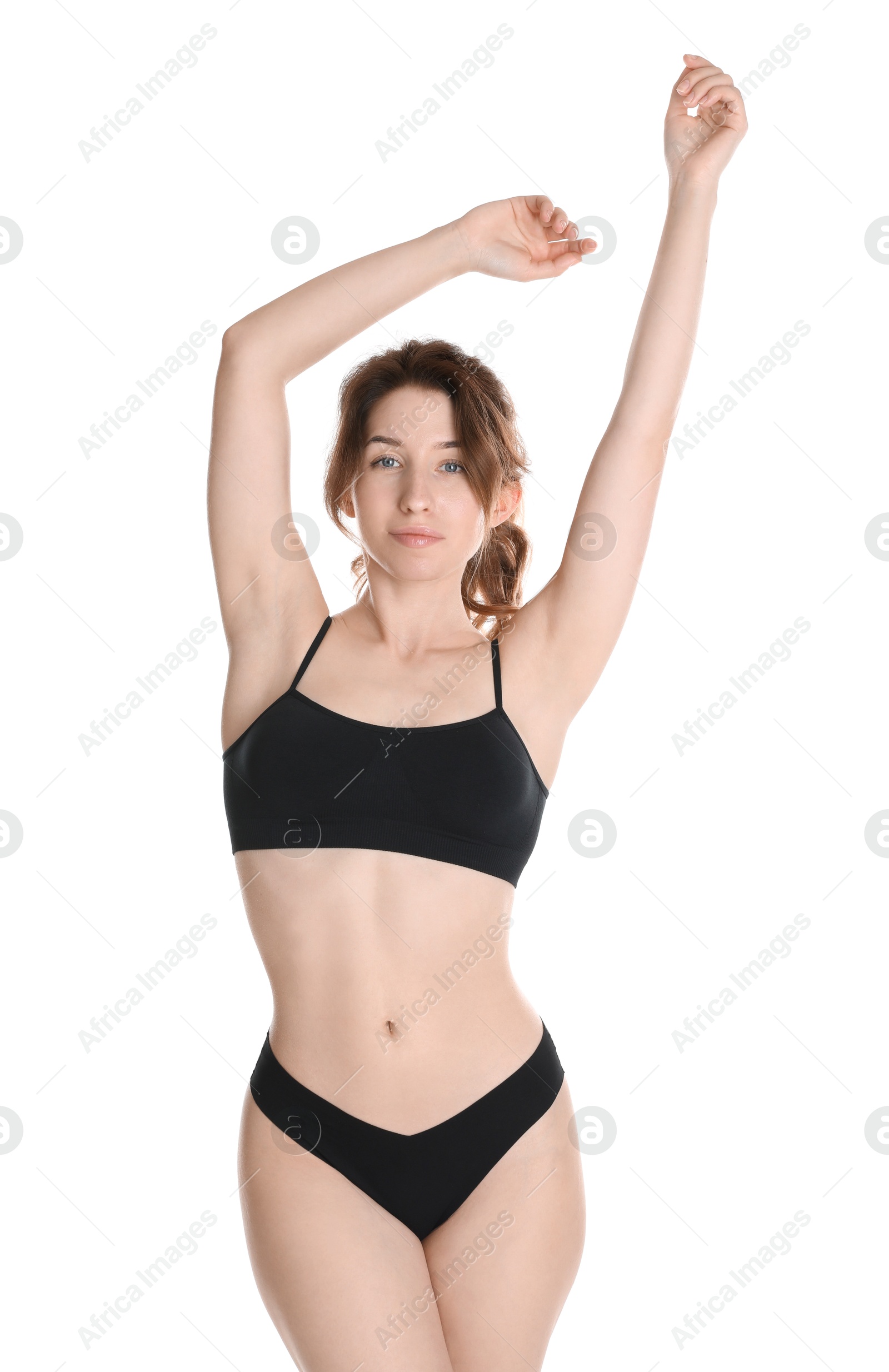 Photo of Woman with slim body posing on white background