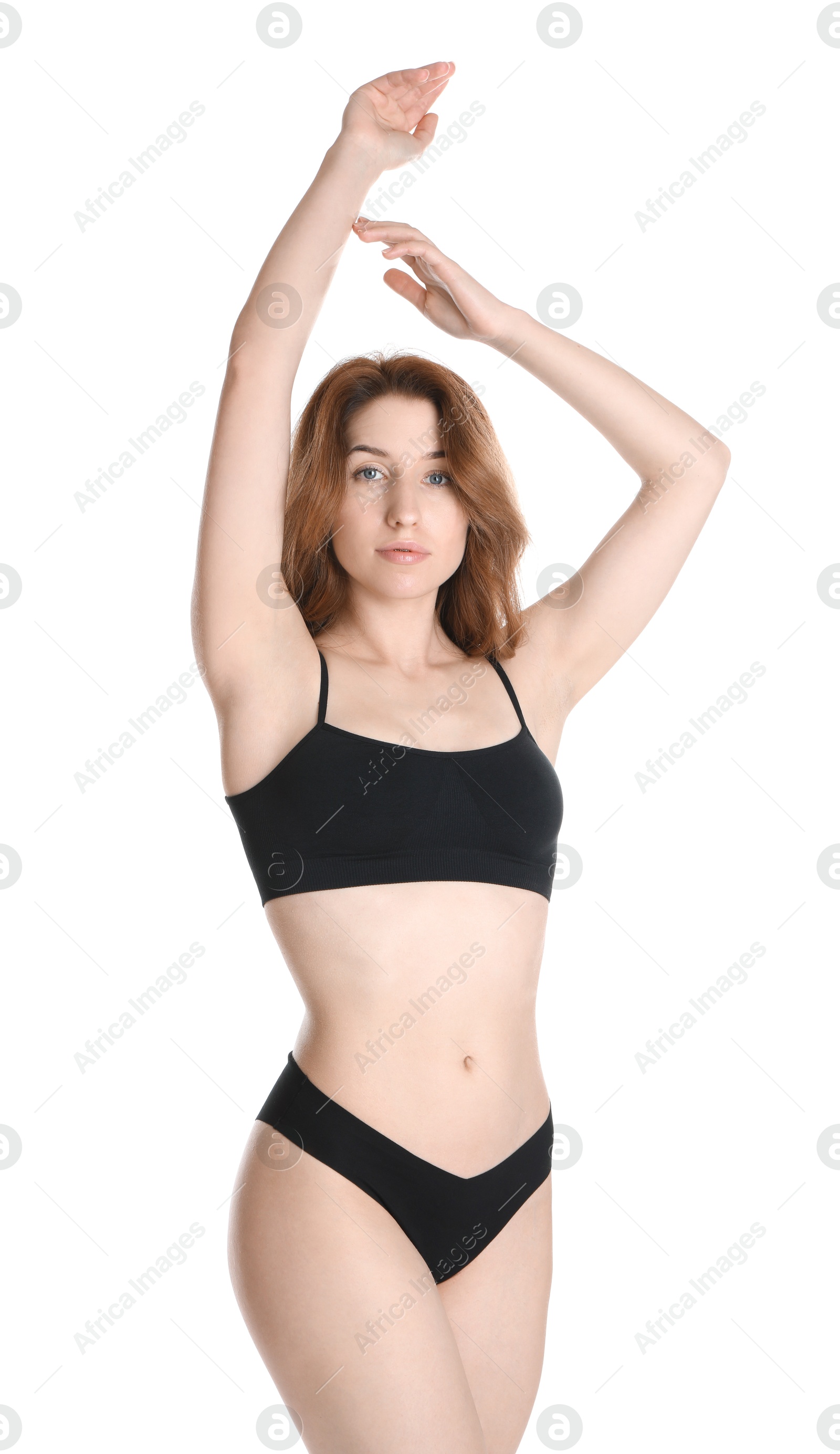 Photo of Woman with slim body posing on white background