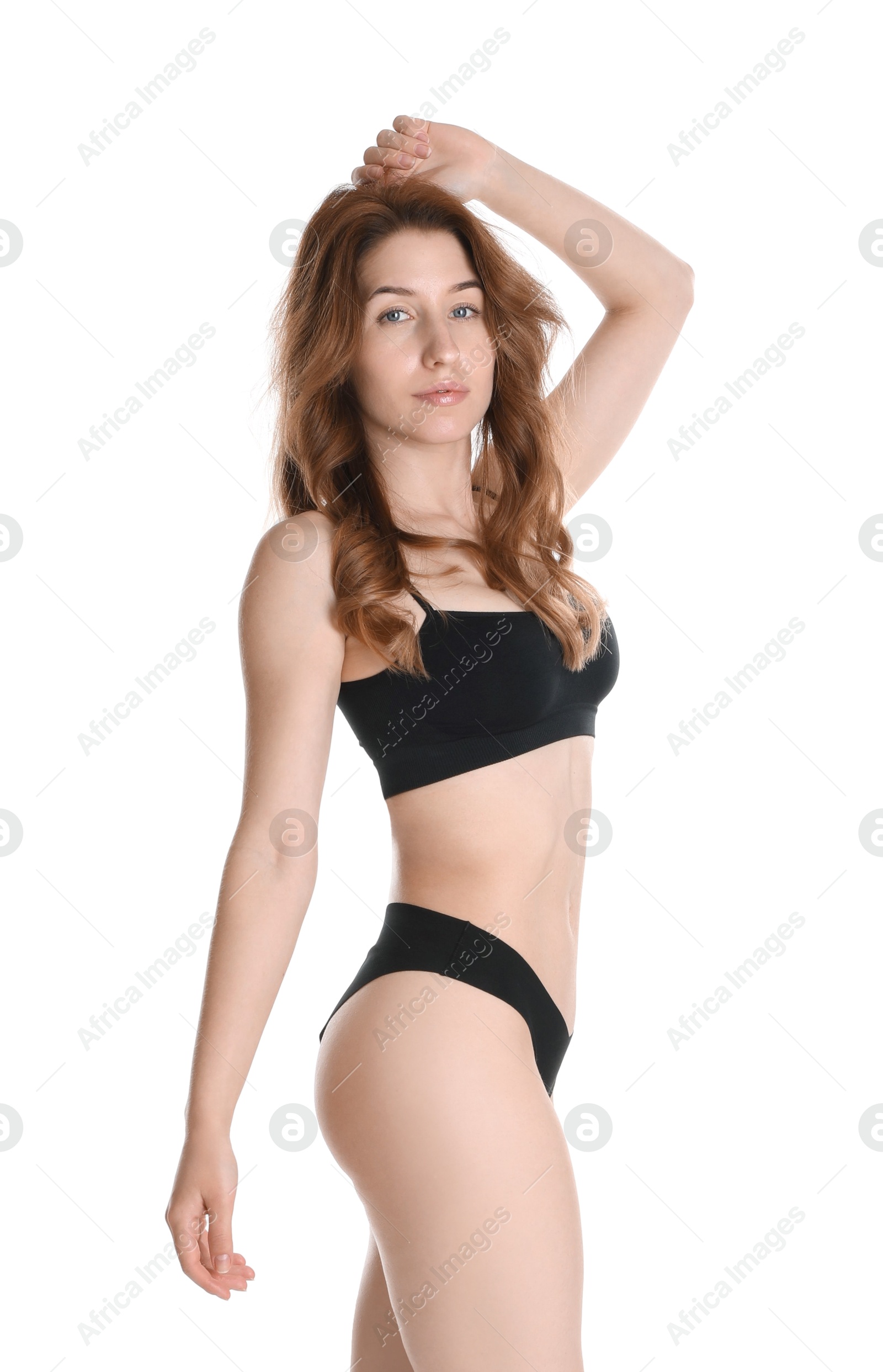 Photo of Woman with slim body posing on white background