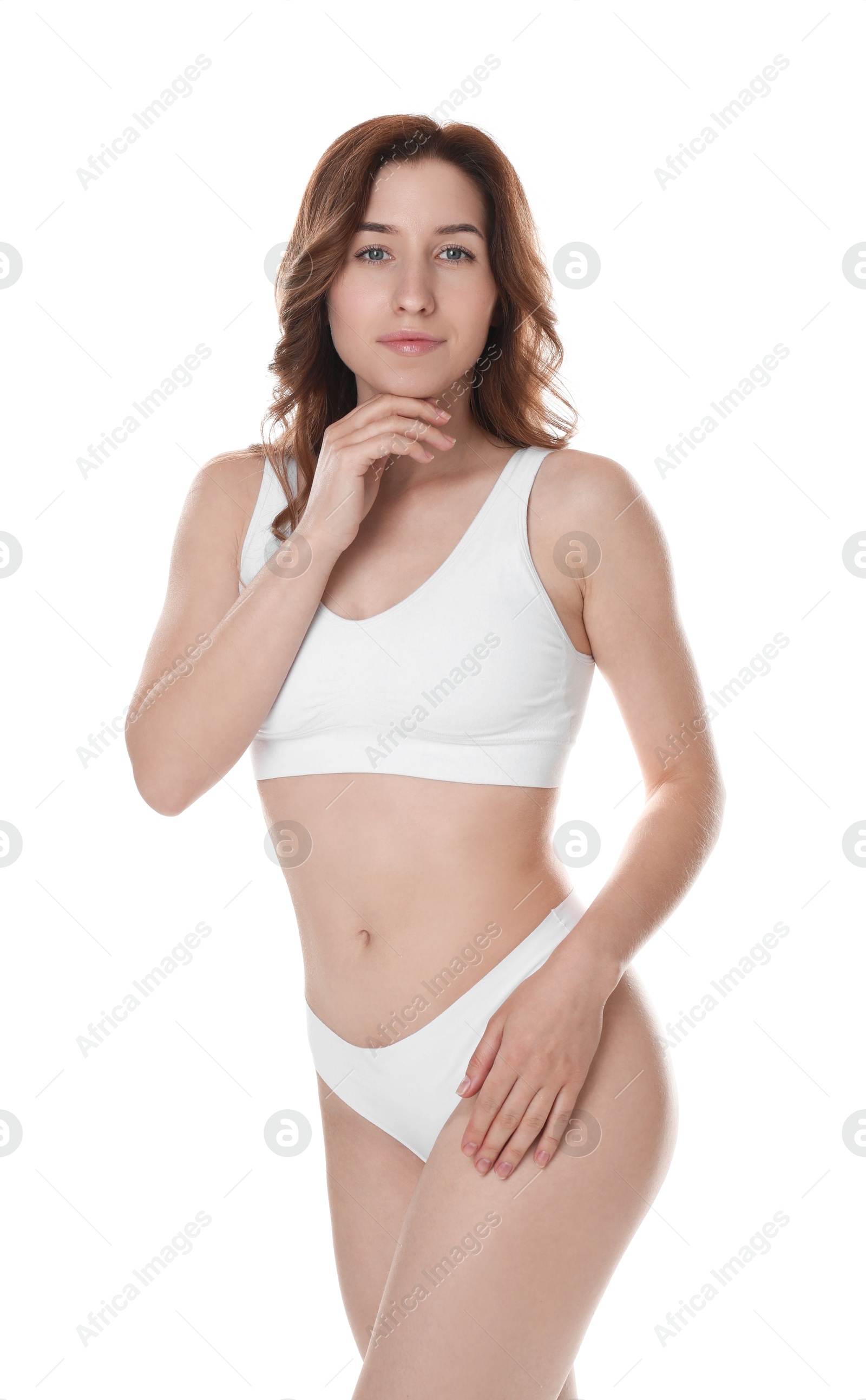 Photo of Woman with slim body posing on white background