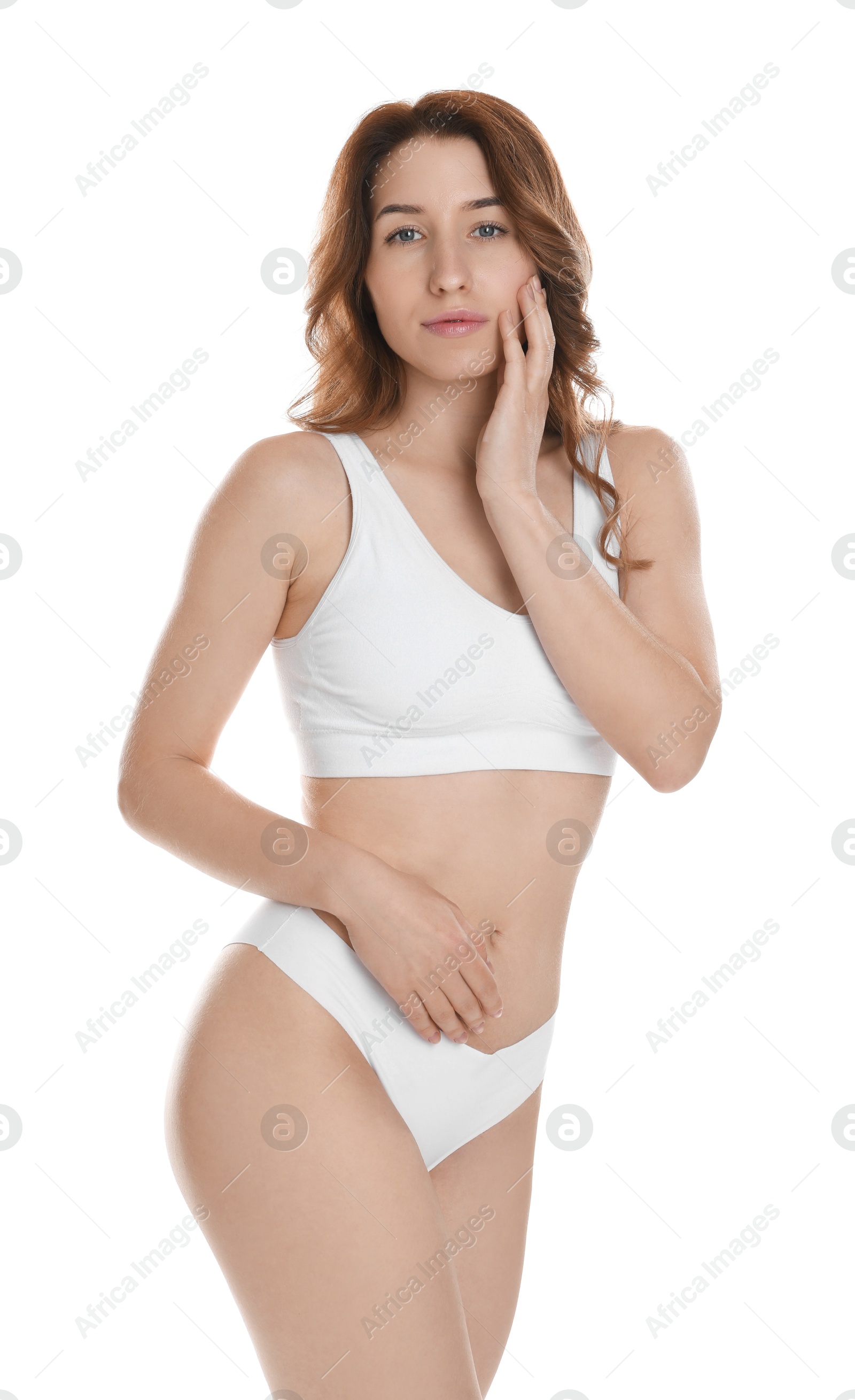 Photo of Woman with slim body posing on white background