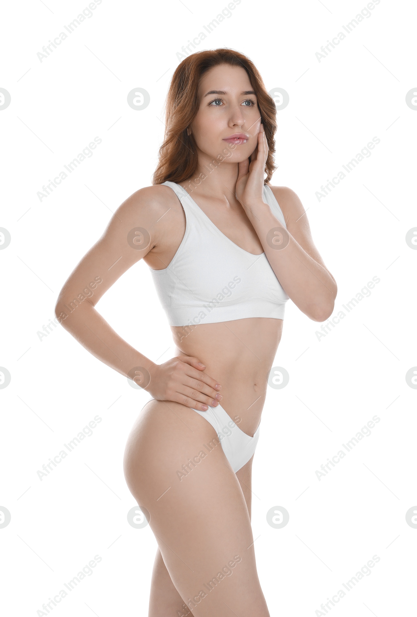 Photo of Woman with slim body posing on white background