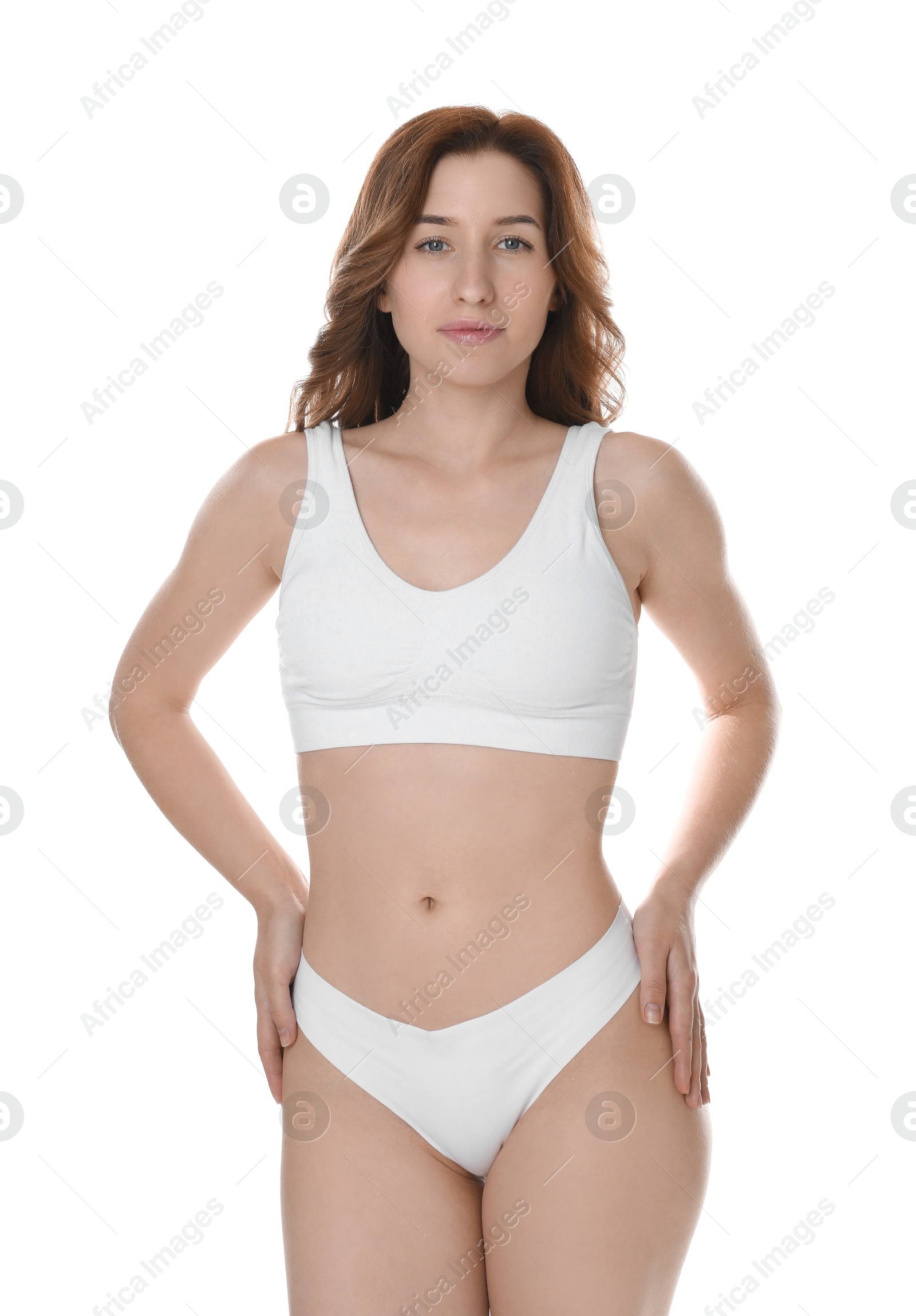 Photo of Woman with slim body posing on white background