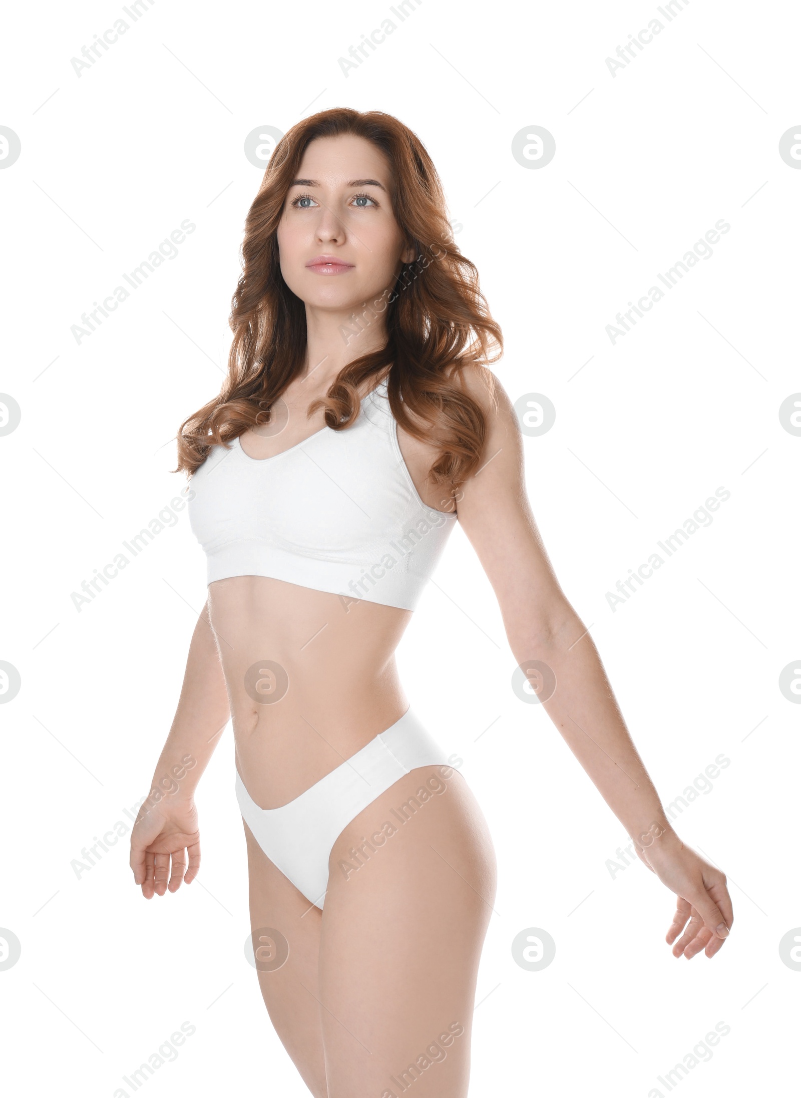 Photo of Woman with slim body posing on white background