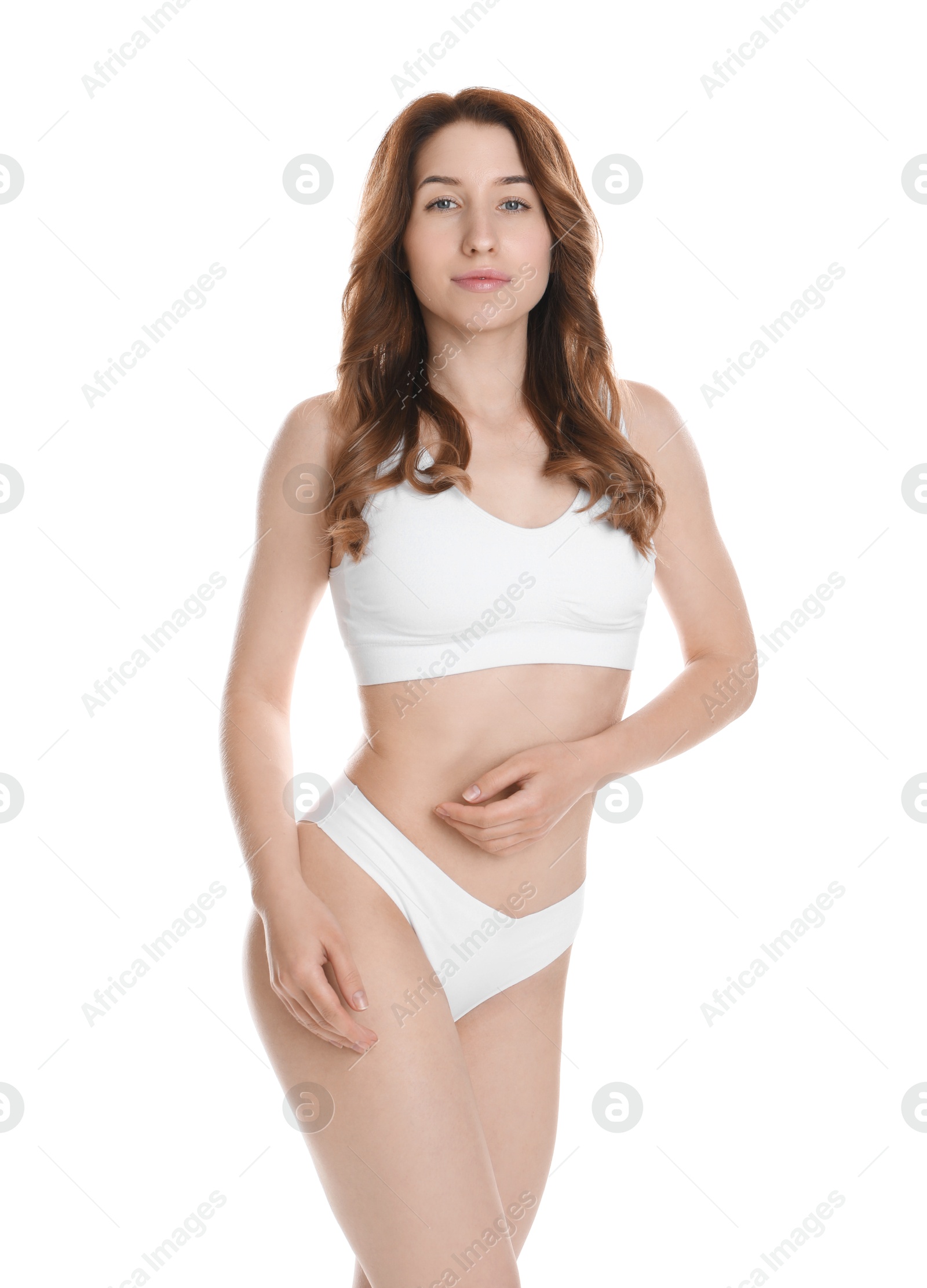 Photo of Woman with slim body posing on white background