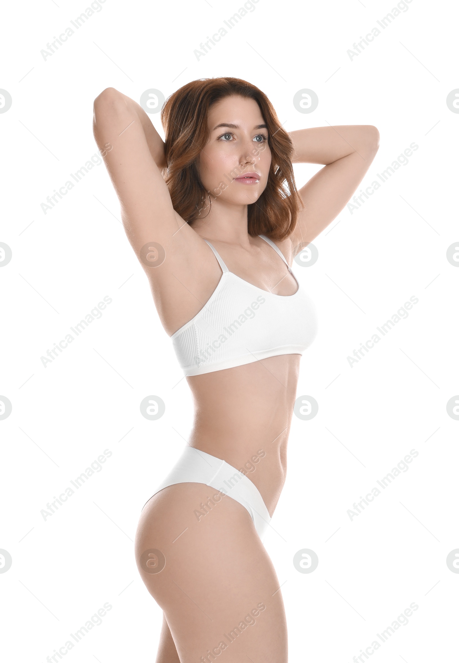 Photo of Woman with slim body posing on white background