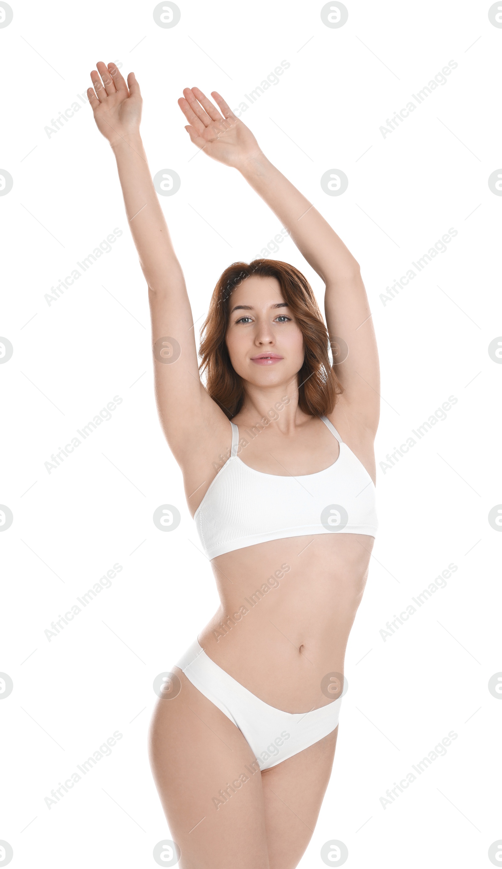 Photo of Woman with slim body posing on white background