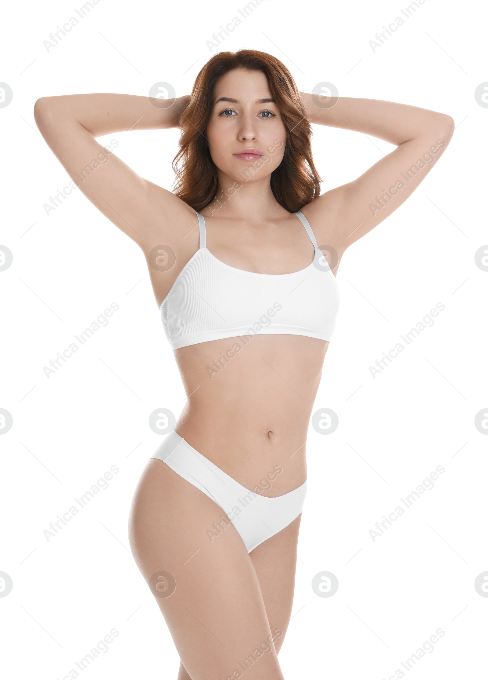 Photo of Woman with slim body posing on white background