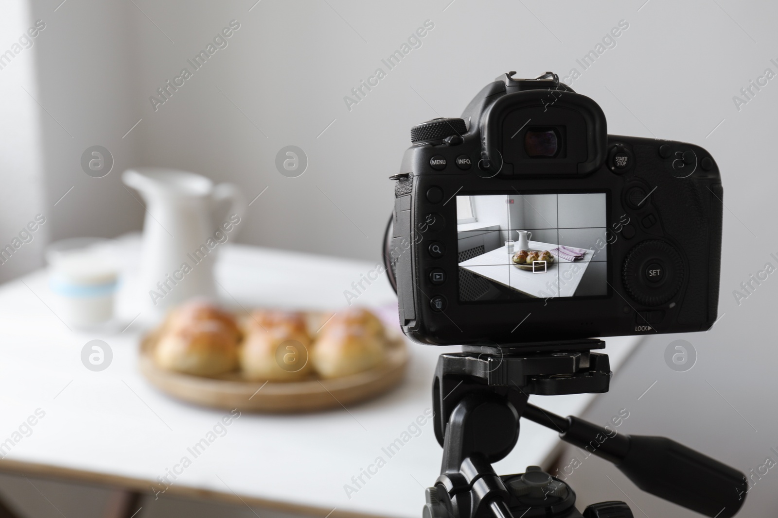 Photo of Shooting food with professional camera in photo studio, selective focus