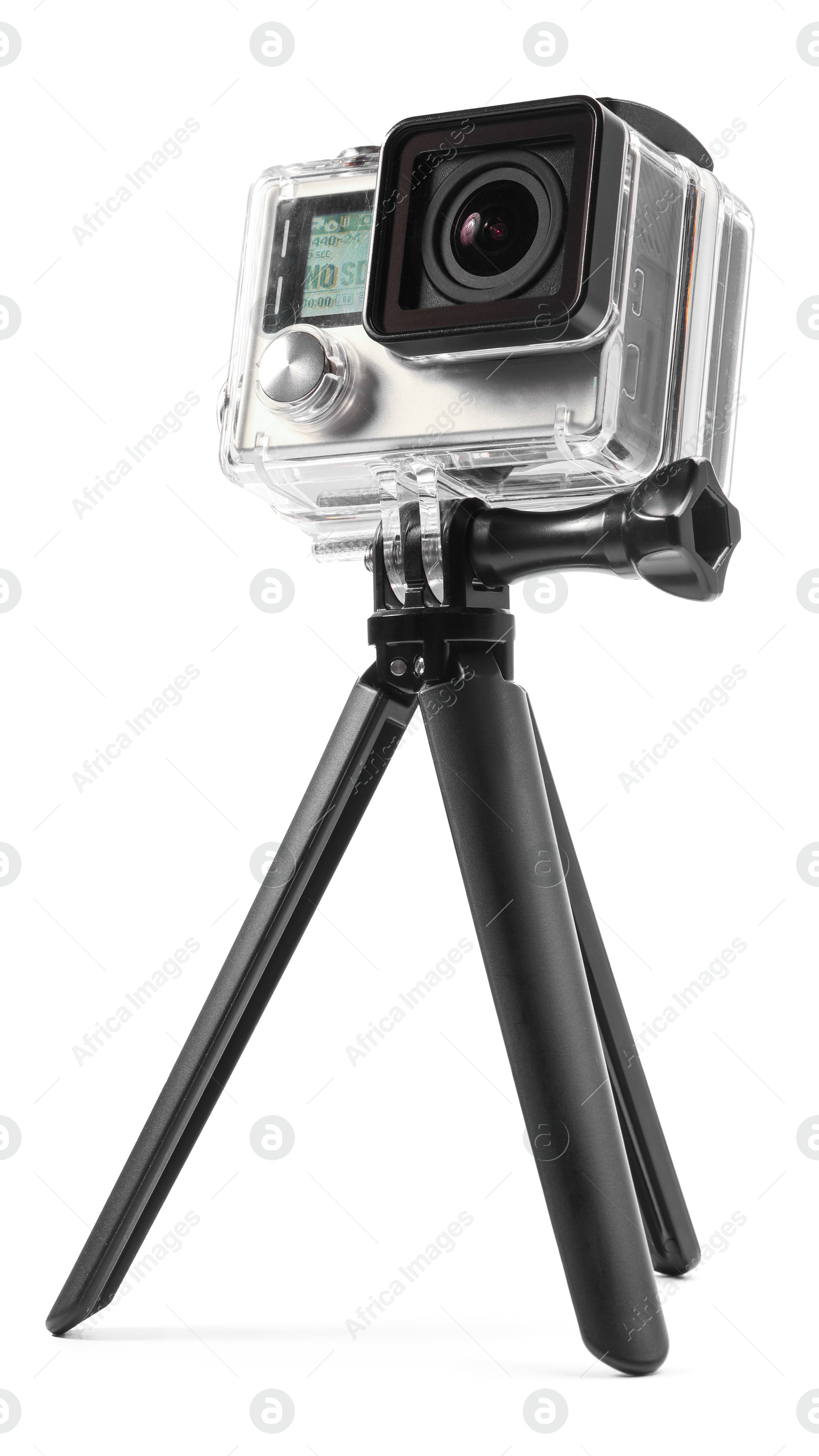 Photo of Modern action camera and tripod isolated on white