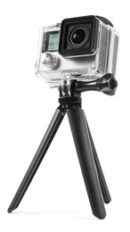 Photo of Modern action camera and tripod isolated on white