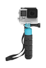 Modern action camera and monopod isolated on white