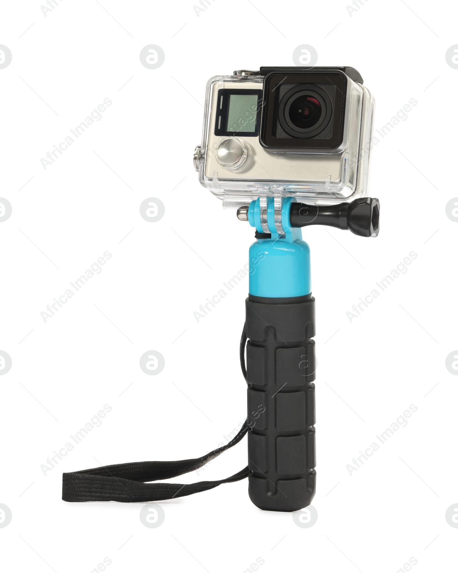 Photo of Modern action camera and monopod isolated on white