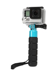 Photo of Modern action camera and monopod isolated on white