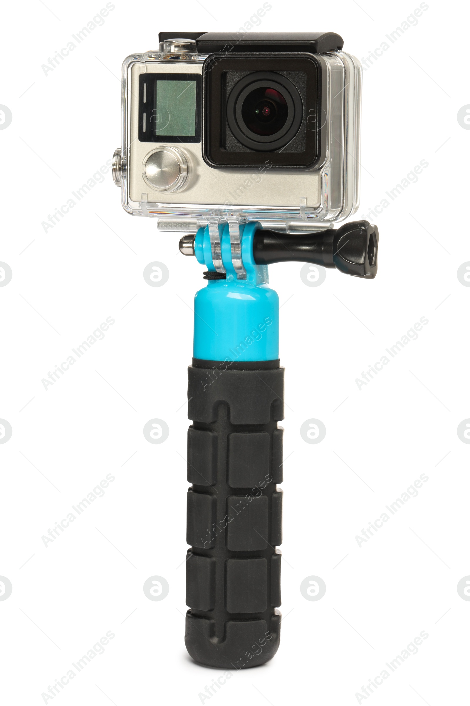 Photo of Modern action camera and monopod isolated on white