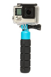 Modern action camera and monopod isolated on white