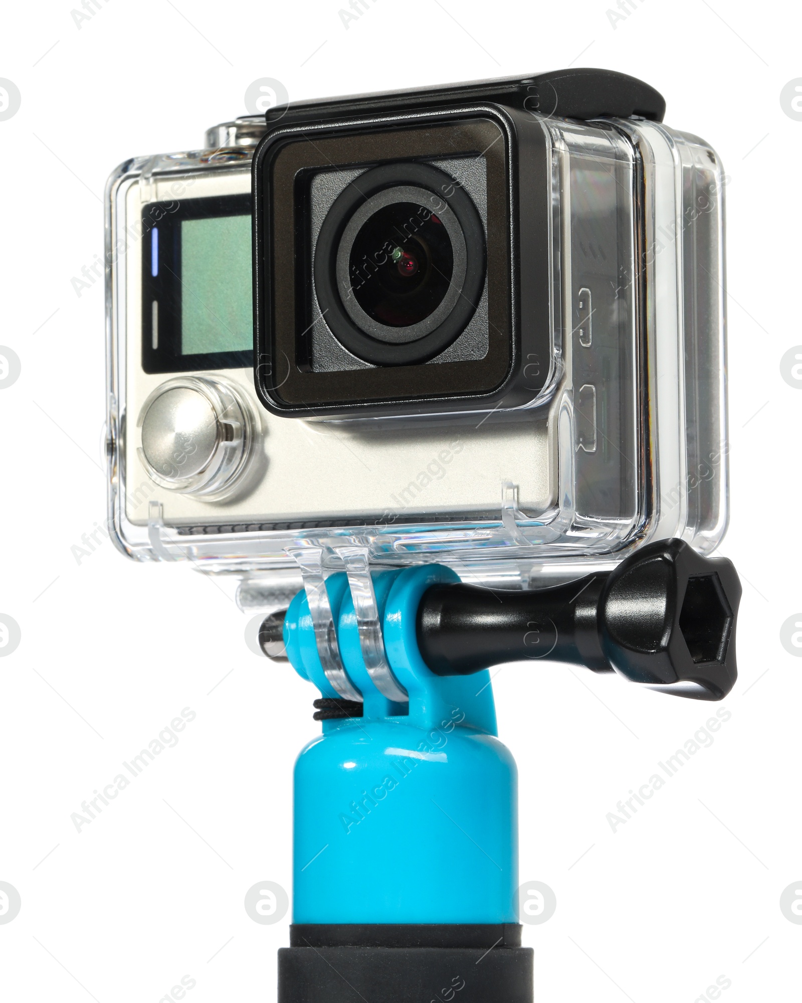 Photo of Modern action camera and monopod isolated on white