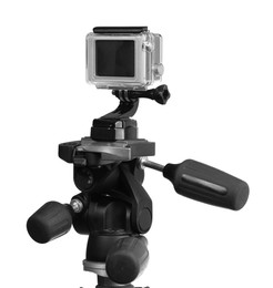 Modern action camera and stabilizer isolated on white