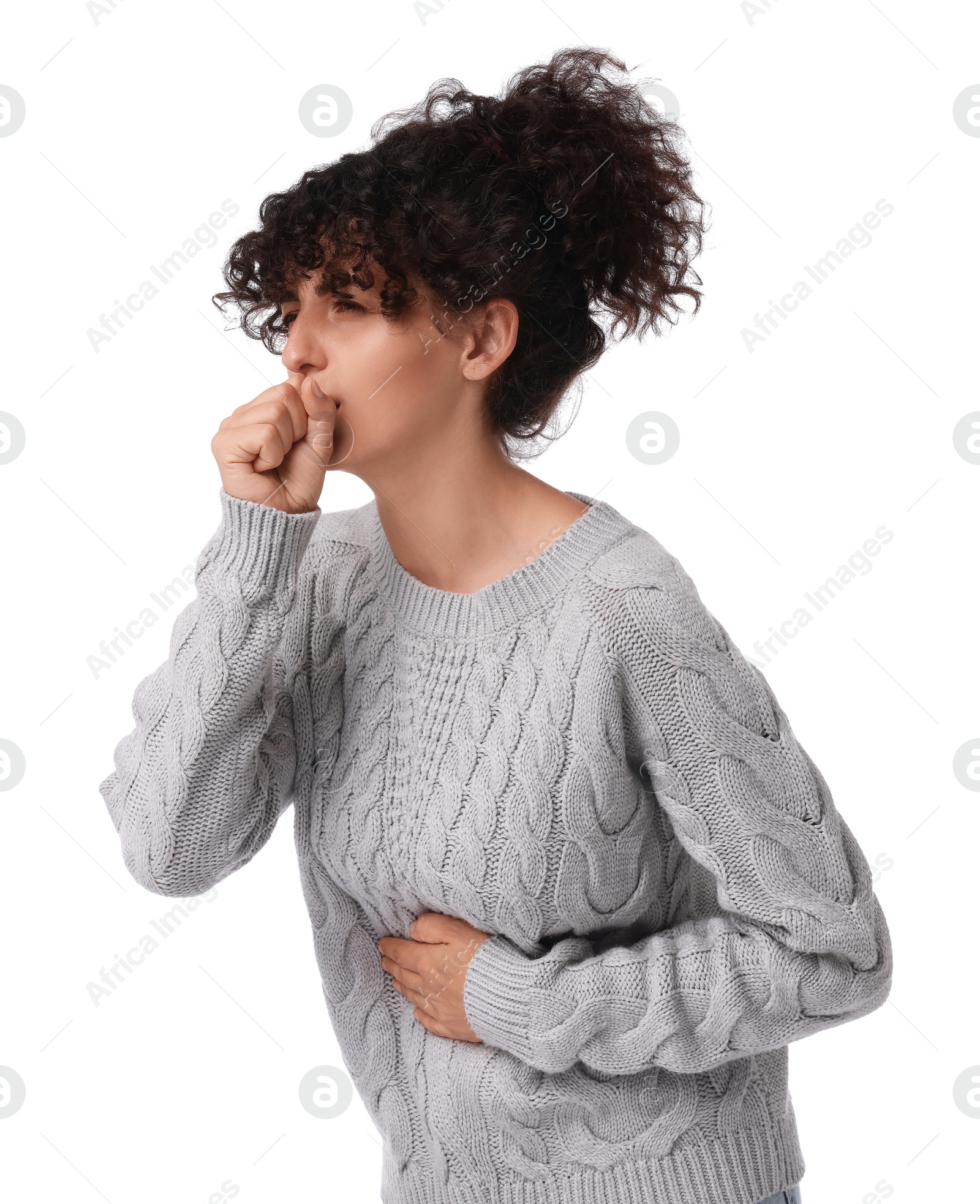 Photo of Cold symptom. Young woman coughing on white background