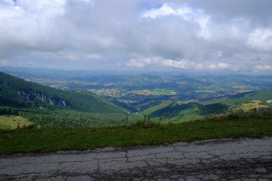 Picturesque view of green forest and road in mountains