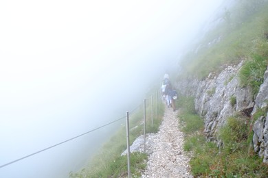 Photo of Group of tourists hiking in foggy mountains