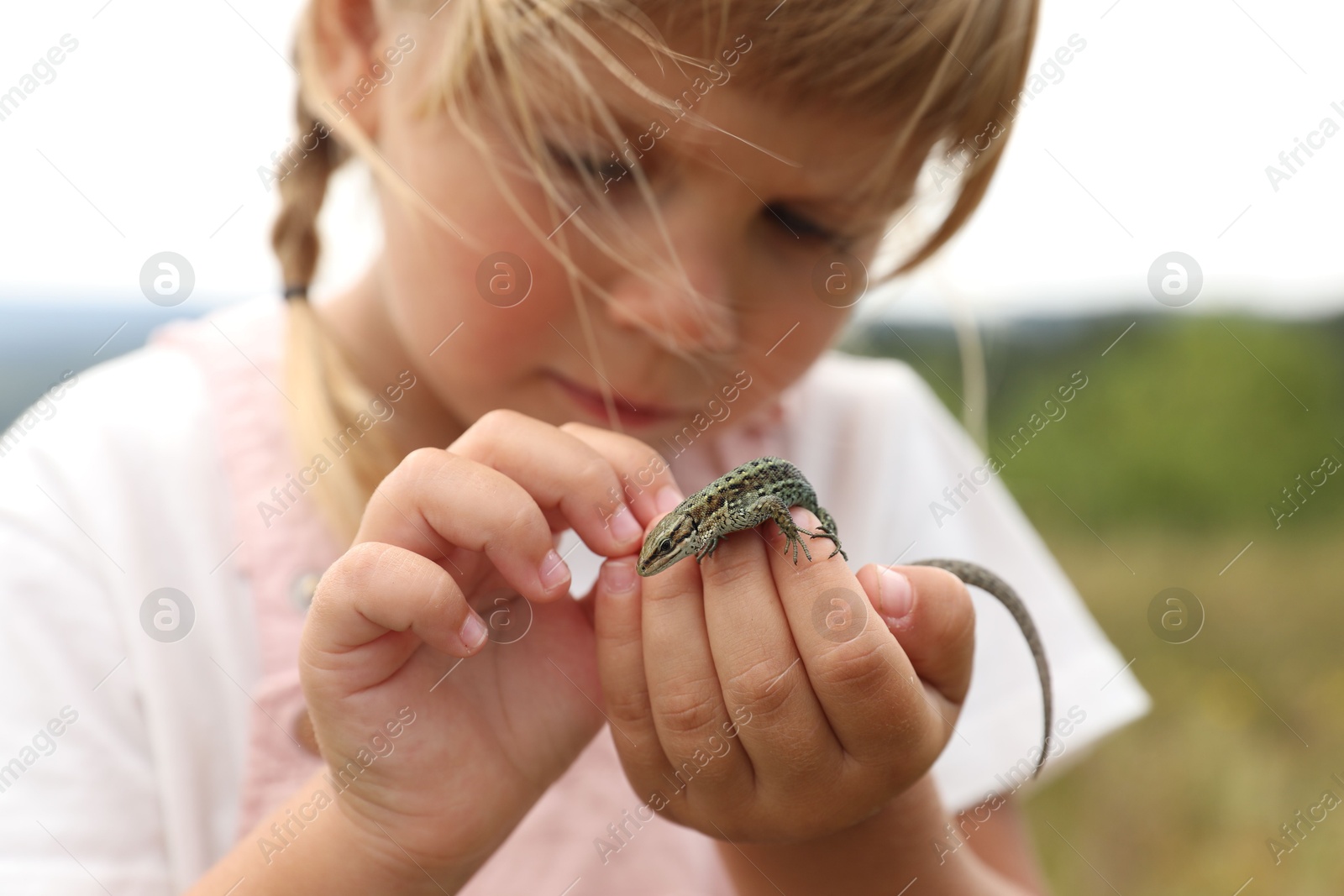 Photo of Little girl exploring lizard on blurred background. Enjoying beautiful nature