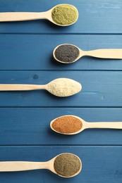 Different superfood powders in spoons on blue wooden table, flat lay