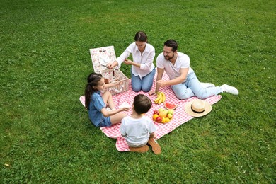 Family playing rock, paper and scissors during picnic outdoors