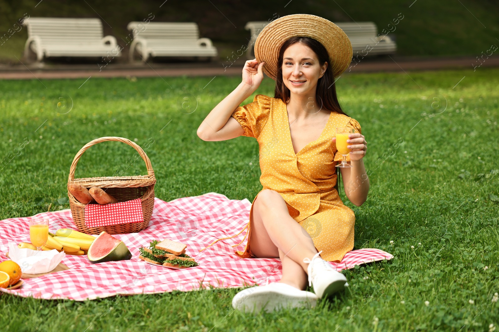 Photo of Smiling woman with glass of juice having picnic on green grass