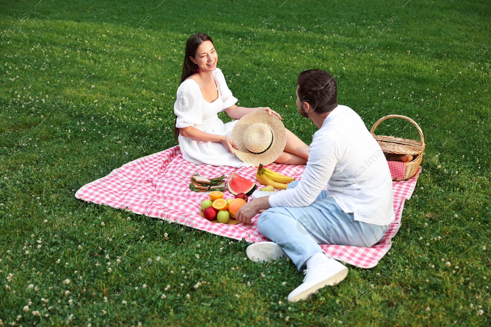 Photo of Happy couple having picnic on green grass outdoors