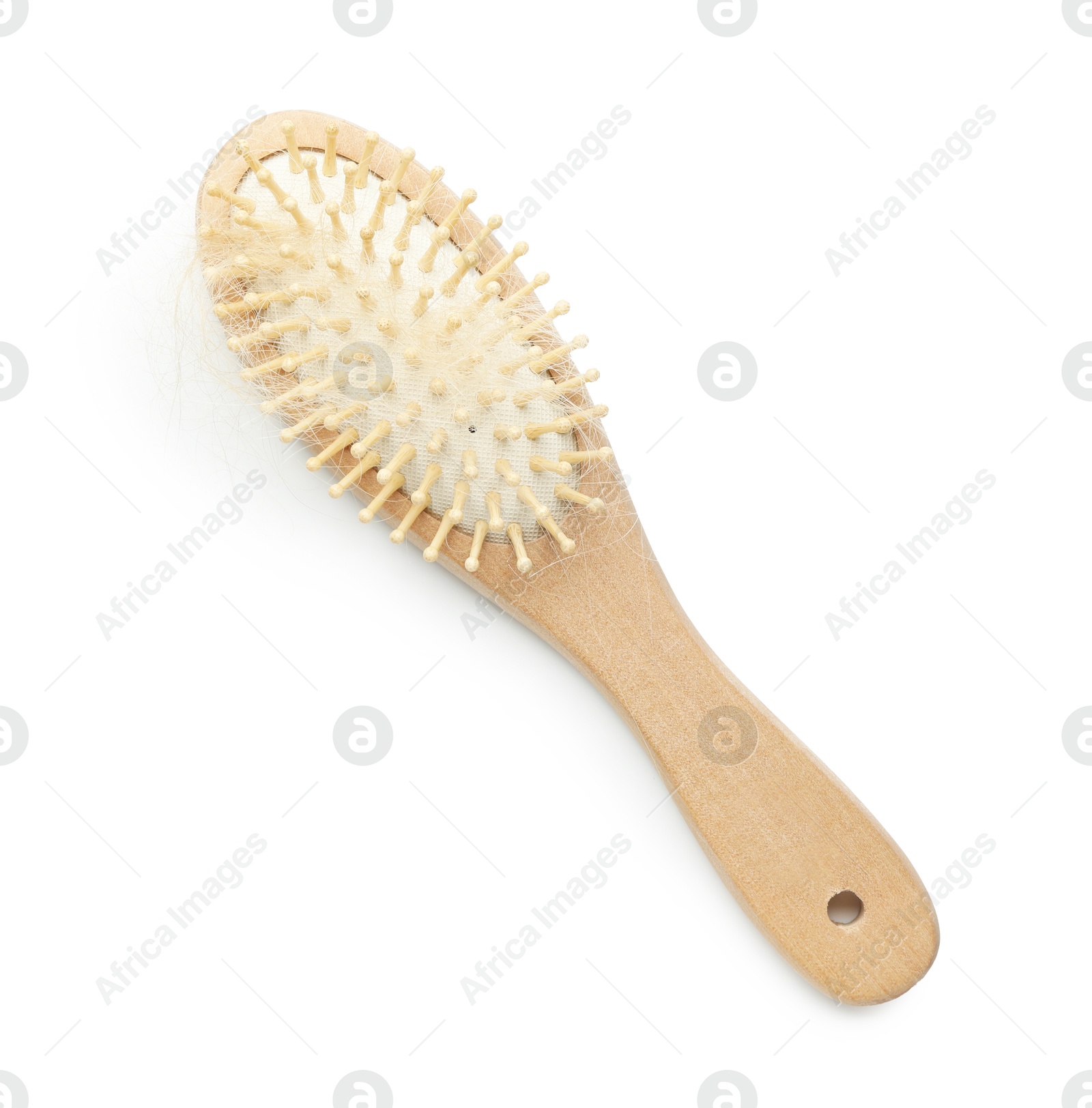 Photo of One brush with lost hair isolated on white, top view