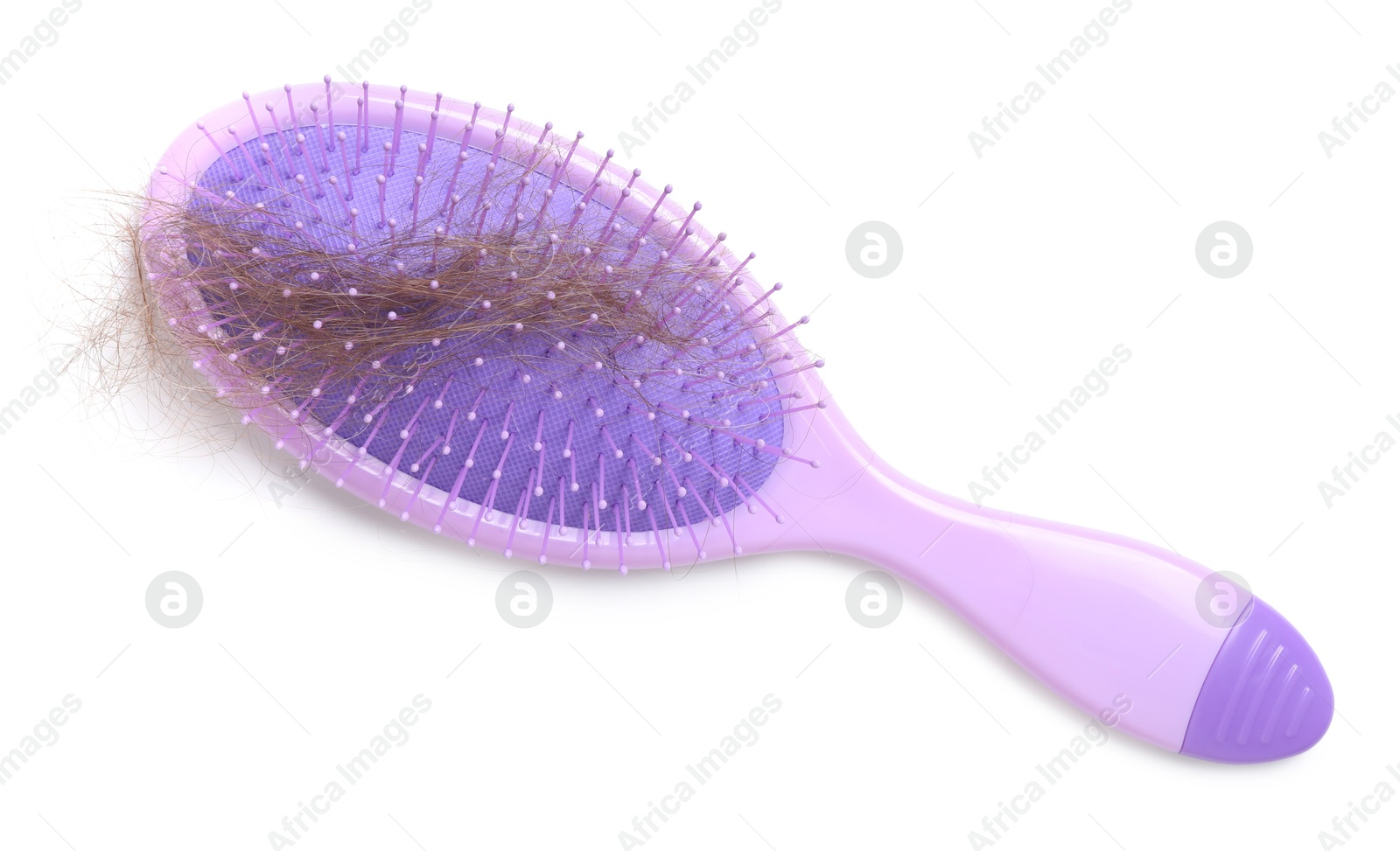 Photo of One brush with lost hair isolated on white, top view