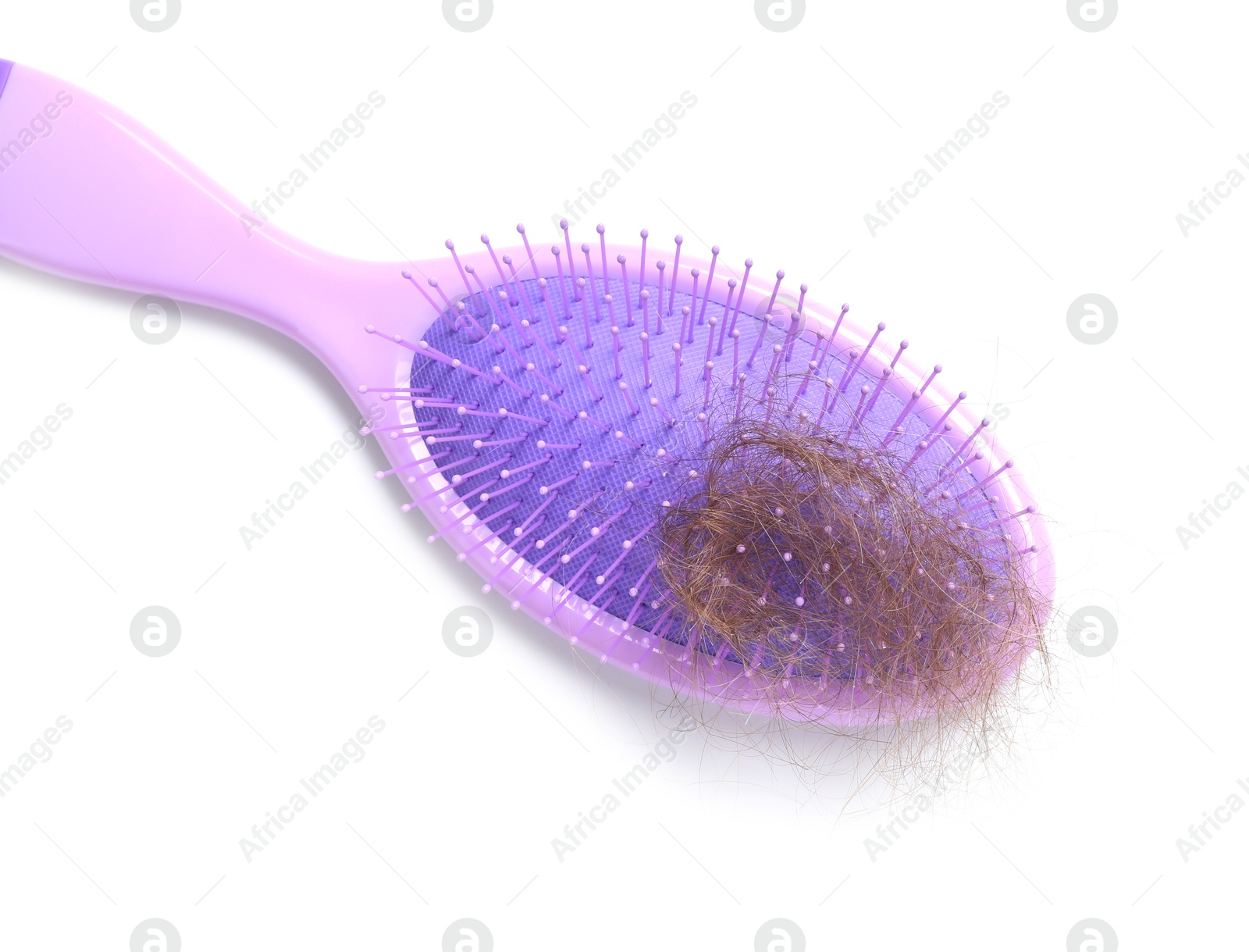 Photo of One brush with lost hair isolated on white, top view