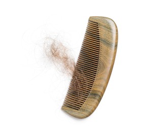 Photo of One comb with lost hair isolated on white, top view